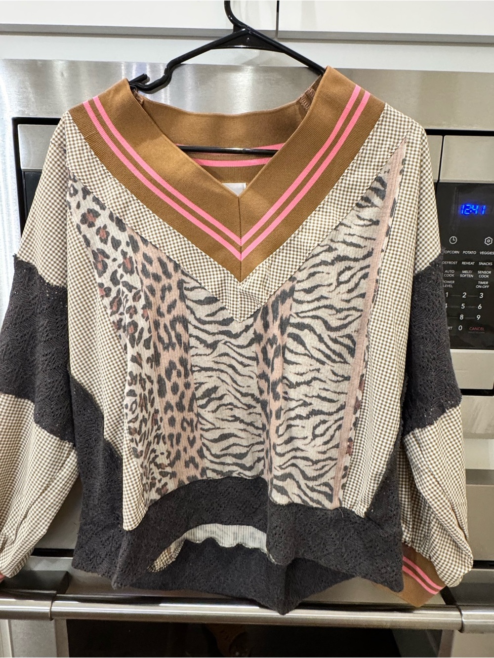 BUCKETLIST Brown and Pink Mixed-Print V-Neck Sweater
